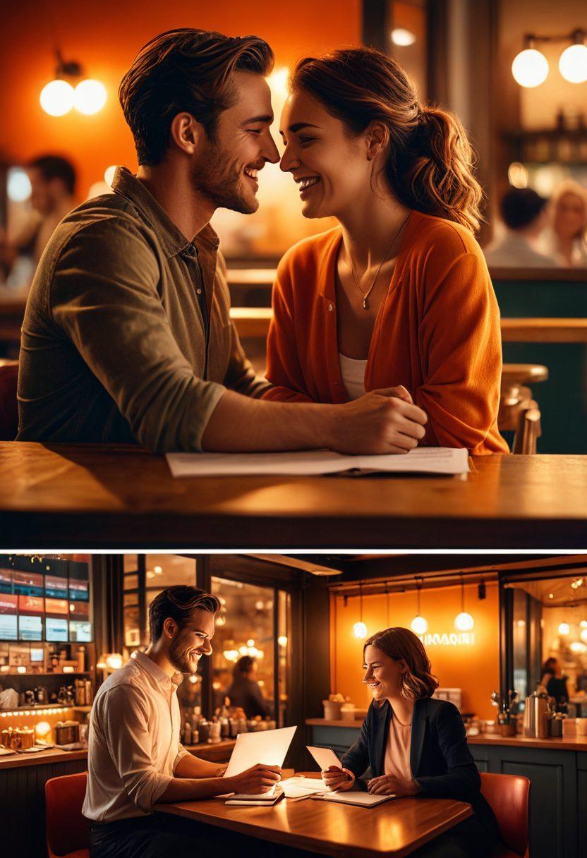 A striking split image illustrating the journey from marketing to romance: on one side, a charismatic marketer at a desk surrounded by colorful email templates and analytics charts, on the other, a couple laughing and exchanging heartfelt emails in a cozy cafe setting, warm lights glowing above them. Emphasize the emotional connection fostered through communication. vibrant colors. super-realistic.
