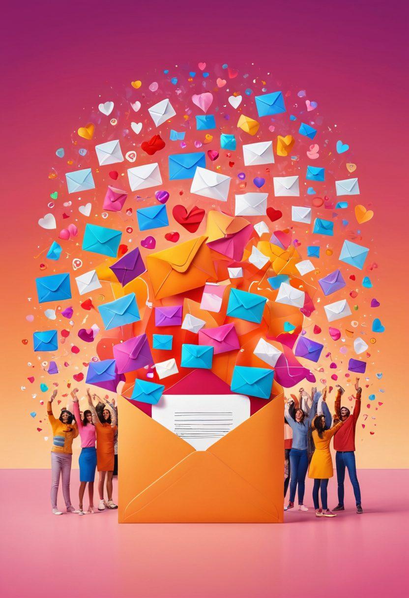 A vibrant inbox bursting with colorful envelopes and heart icons symbolizing connections, surrounded by glowing messaging icons radiating warmth and energy. Illustrate a diverse group of smiling people engaging through their devices, showcasing the joy of communication. The background should be a soft gradient, enhancing the theme of passion in messaging. digital art. bright colors. soft focus.